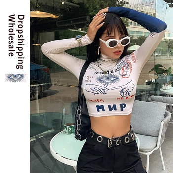 

LAISIYI Autumn T Shirt High Street Casual Tight Stretch Slim Crop Tops Women Funny Print Full Sleeve Stretch Slim Tee Shirt