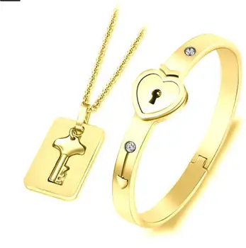 

Festival Lovers Gifts Necklace Fashion Concentric Lock Key Titanium Steel Stainless Steel Jewelry Bracelet Necklace Couple Sets
