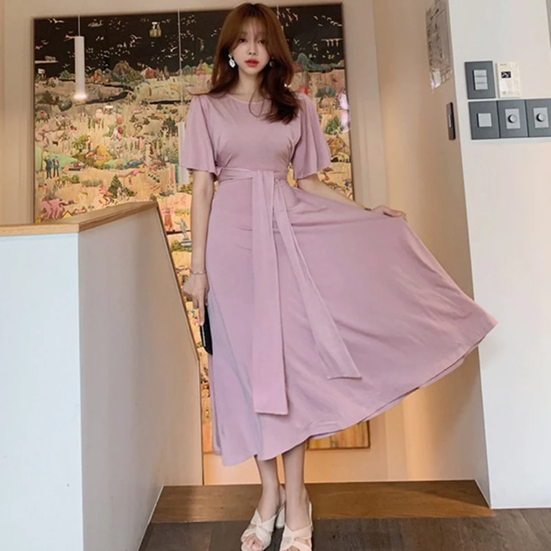 

2019 Autumn Solid Color Korean Elegant Women Lace-Up Swing Bottoming Dresses OL Knitted short sleeve Midi Vestidos