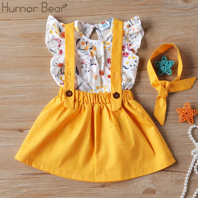 Humor Bear/лето г., комплект одежды для маленьких девочек Футболка с рукавами-крылышками и цветочным принтом Топы+ юбка на подтяжках+ повязка на голову, вечерние комплекты одежды для детей - Цвет: yellow BZ264