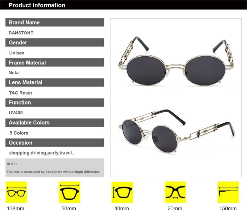 BANSTONE мужские металлические овальные оправы стимпанк готика, вампир солнцезащитные очки Уникальные ретро 1980s солнцезащитные очки Косплей стиль Oculos De Sol