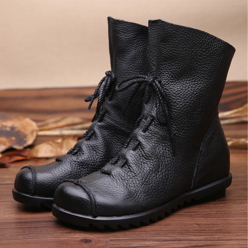 

2019 Vintage Style Genuine Leather Women Boots Flat Booties Soft Cowhide Women's Shoes Front Zip Ankle Boots zapatos mujer