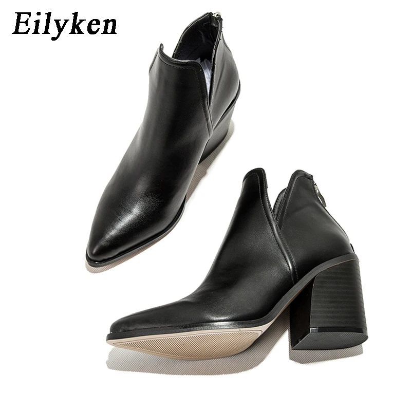 EilyKen/ботинки женские ботильоны на среднем каблуке с леопардовым принтом на раннюю зиму Женские повседневные черные ботинки на квадратном каблуке без застежки; zapatos de mujer - Цвет: Black
