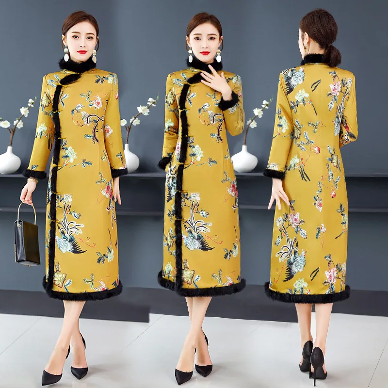 

Padded Coat Women's 2019 Winter New Style Fur Collar Mid-length Retro Elegant Printed Improved Cheongsam Dress Women's