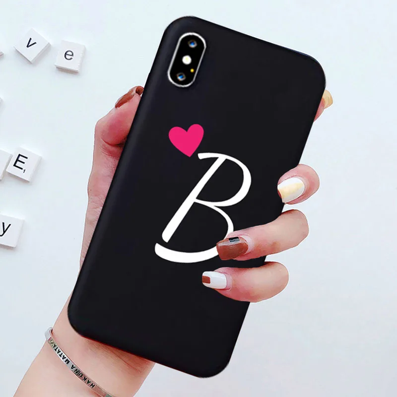 Love Heart Soft Silicone Black Couple Phone Case with Letters A B C D