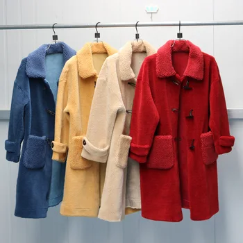 

New Fashion Women Winter Outwear Faux Fur Coat Lamb shearling Wool Blend Coat Horn Button Warm Casual Mid Long Coat