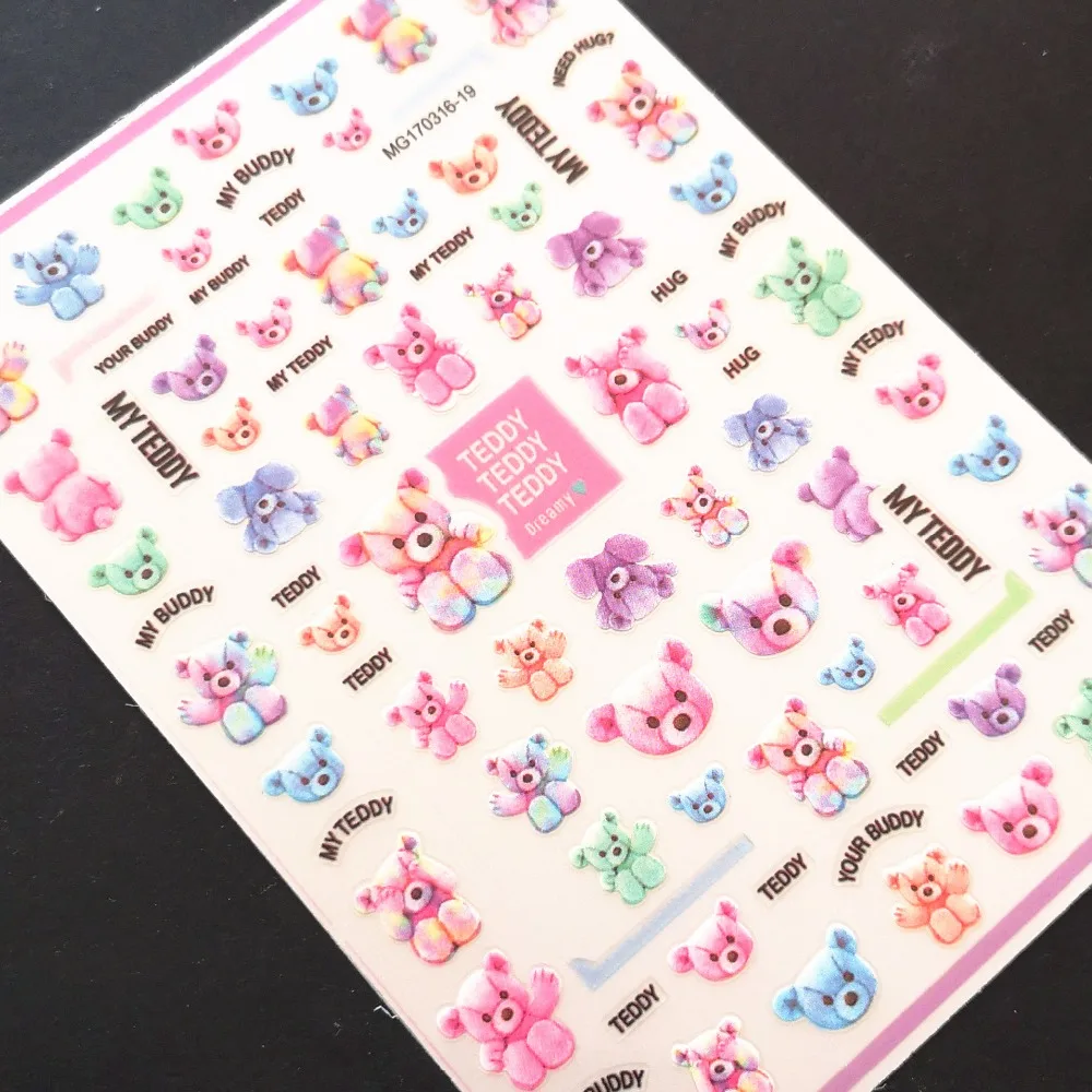 

Newest MG618 pink lovely teddy bear pattern 3d nail sticker back glue nail decals Japan style DIY nail decorations for nail art