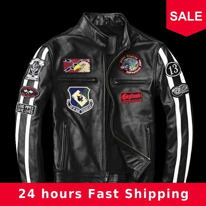 

2020 Black Men Slim Fit American Motorcycle Leather Jacket Plus Size XXXL Genuine Cowhide Biker's Leather Coat