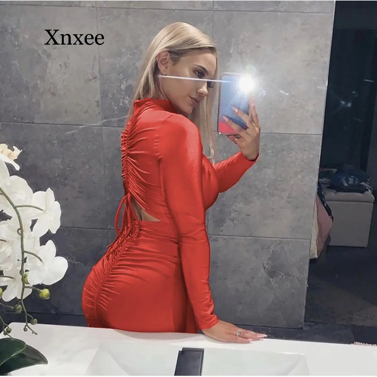 

within Temptation Red Turtleneck Bodycon Dress Long Sleeve Back Ruffled Lace up Hollowed Mini Sexy Dresses Club Party Vestido
