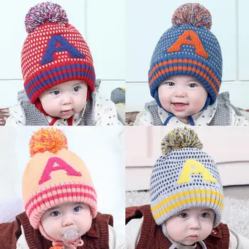 

Autumn Winter Baby Hat Thickened Knitted Kids Warm Fleece Cap Skullies Cute Boy Hairball Hat Fashion Children Earflap Beanie Cap