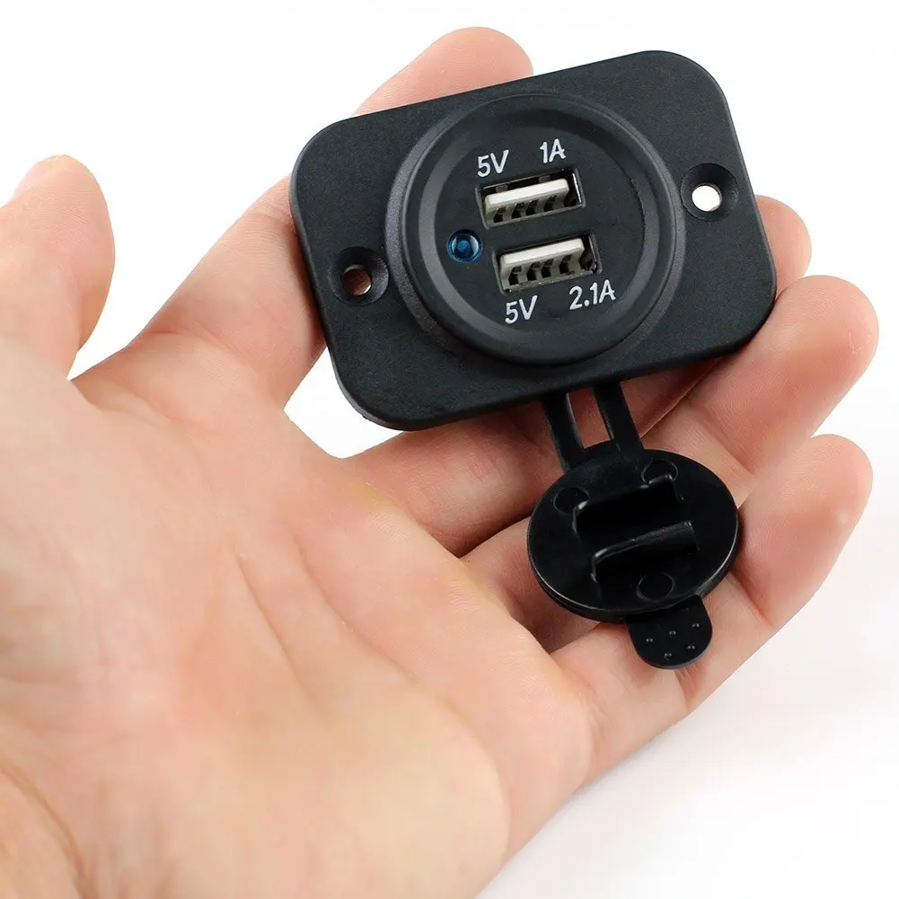 USB Power Adapter Charger Waterproof 3.1A Dual Port Socket with Blue LED Digital Voltmeter for Car Boat Motorcycle Unicersal