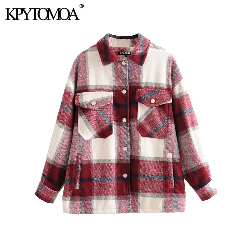 low cost Vintage Stylish Pockets Oversized Plaid Jacket Coat Women 2020 Fashion Lapel Collar Long Sleeve Loo