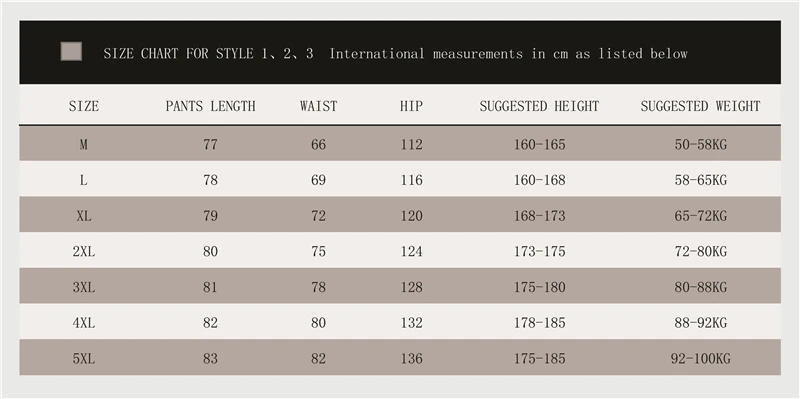 Style 1、2、3 Size Chart