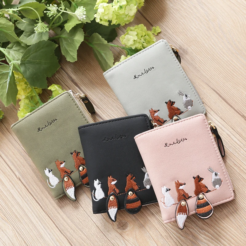 Embroidery Women Wallet Short Individuality Squirrel PU Leather Hasp Zipper Mini Coin Card Holder Cute Cartoon Purse Female