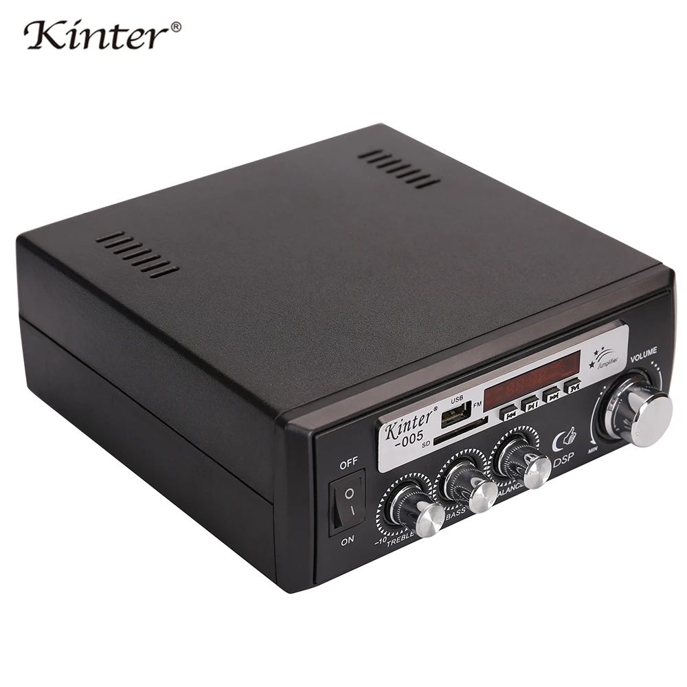 kinter 005 Hifi audio amplifier with radio USB SD MIC input 2.0CH 20W AC 220V DC 12V bass treble adjust offer remote control