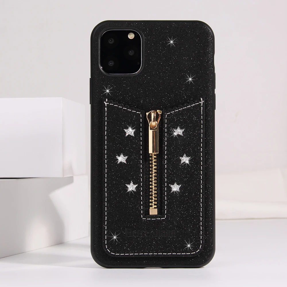 Модный Звездный Алмазный чехол для телефона на молнии для iPhone 11Pro Max XR X XS MAX чехол с карманом для карт для iPhone 8Plus 7 8 задняя крышка - Цвет: Черный
