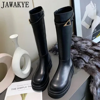 

JAWAKYE Flat Platform Knee Boots Slim Fit Buckle Knight Boots Designer high Quality Leather Shoes Women's Long Boots