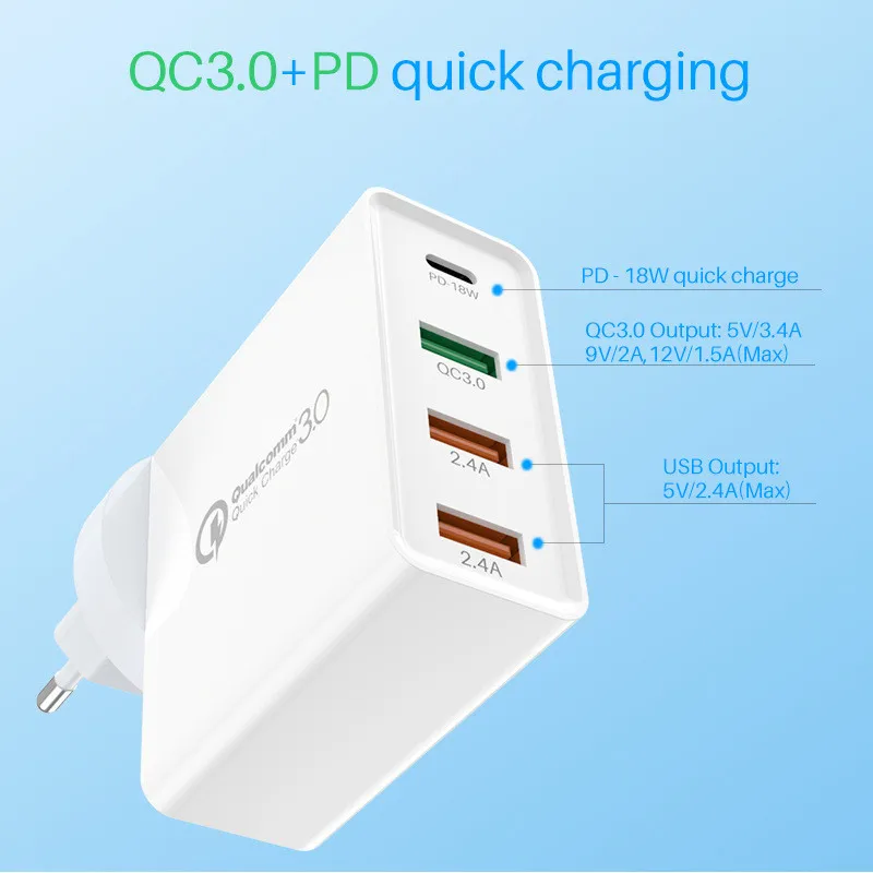 48W ātrais lādētājs C tipa USB PD lādētājs Samsung IPhone XS Max Huawei iPad Pro QC 3.0 ātrais sienas lādētājs ASV un ES spraudņa adapteris_voghion.com