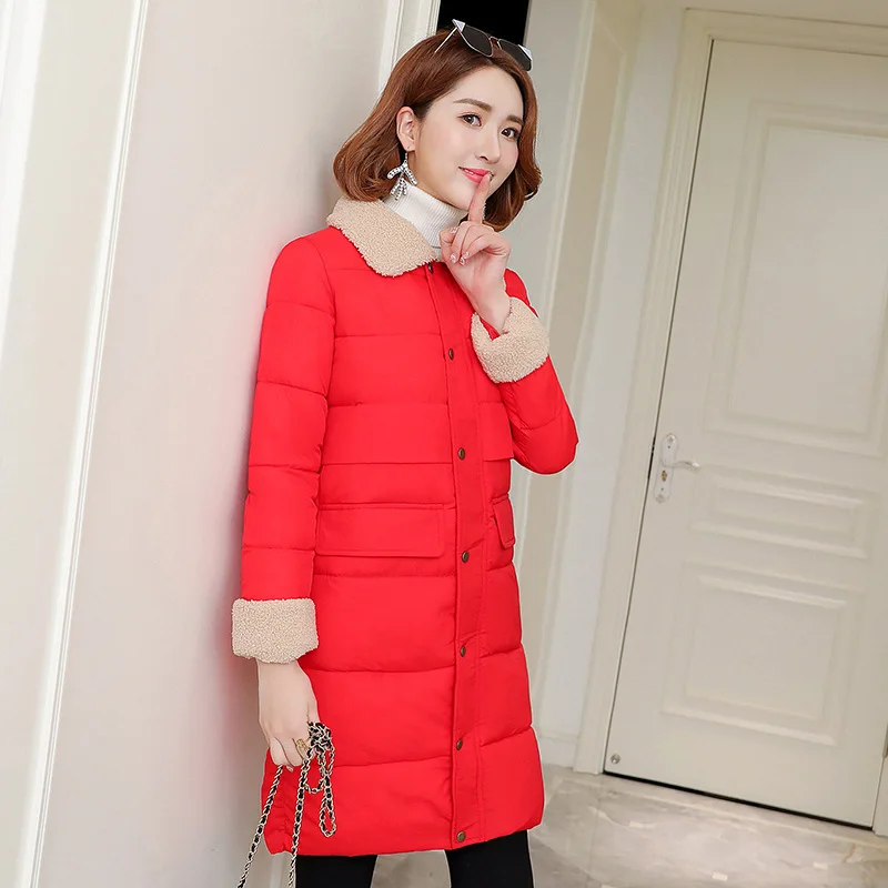 Женские парки, зимние куртки, модные пальто из овечьей шерсти с длинными рукавами, приталенная куртка, зимняя верхняя одежда, пальто - Цвет: Красный