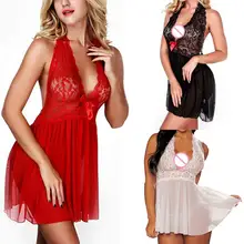 Женская Сексуальная кружевная сорочка с вырезом на шее, сексуальное нижнее белье с открытой спиной, прозрачное эротическое нижнее белье, костюмы