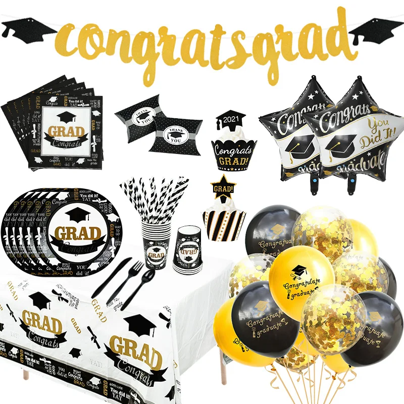 Juego de globos desechables para graduación, vajilla de 2021 adornos para fiesta de graduación, guirnaldas de papel, Pancarta, clase 2021, 1 Juego