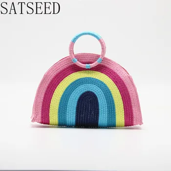 

Summer New Rainbow Multicolor Straw Bag Handbag Hand-woven Bag Holiday Style Sweet Ladies Preferred Handbag Purses