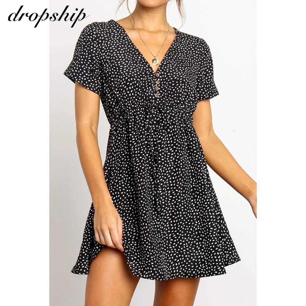 

Summer Mini Dress Women Short Sleeve Boho Beach Dot Print Sexy V Neck Chiffon Party Bodycon Dresses Ladies Vestidos Plus Size