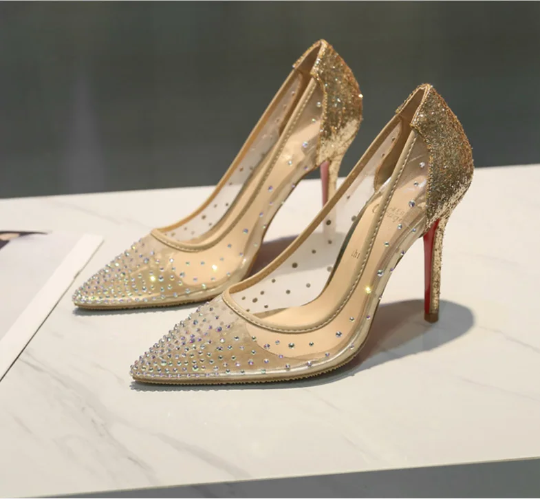 Оригинальное предназначение; туфли-лодочки на тонком высоком каблуке; женские туфли-лодочки с острым носком; вечерние свадебные туфли с кристаллами; 10 см, 8 см, 5 см; Размеры 3-10 - Цвет: EF7351 Golden