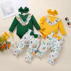 Vêtements pour nouveau né fille, couleur unie, à volants, manches longues, pantalon à fleurs, bandeau, 3 pièces 
