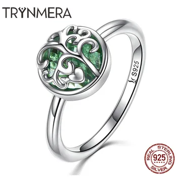 

100% 925 Sterling Silver Crystal Tree of Life Tree Leaves Leaf Green Finger Rings for Women Anel Sterling Silve Ring Jewelry