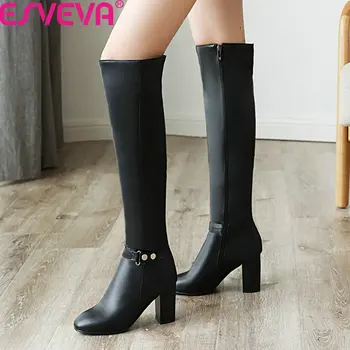 

ESVEVA 2020 New Autumn Winter PU Leather Square Toe Women Shoes Fashion Square Hig Heel Zipper Over The Knee Boots Size 34-43