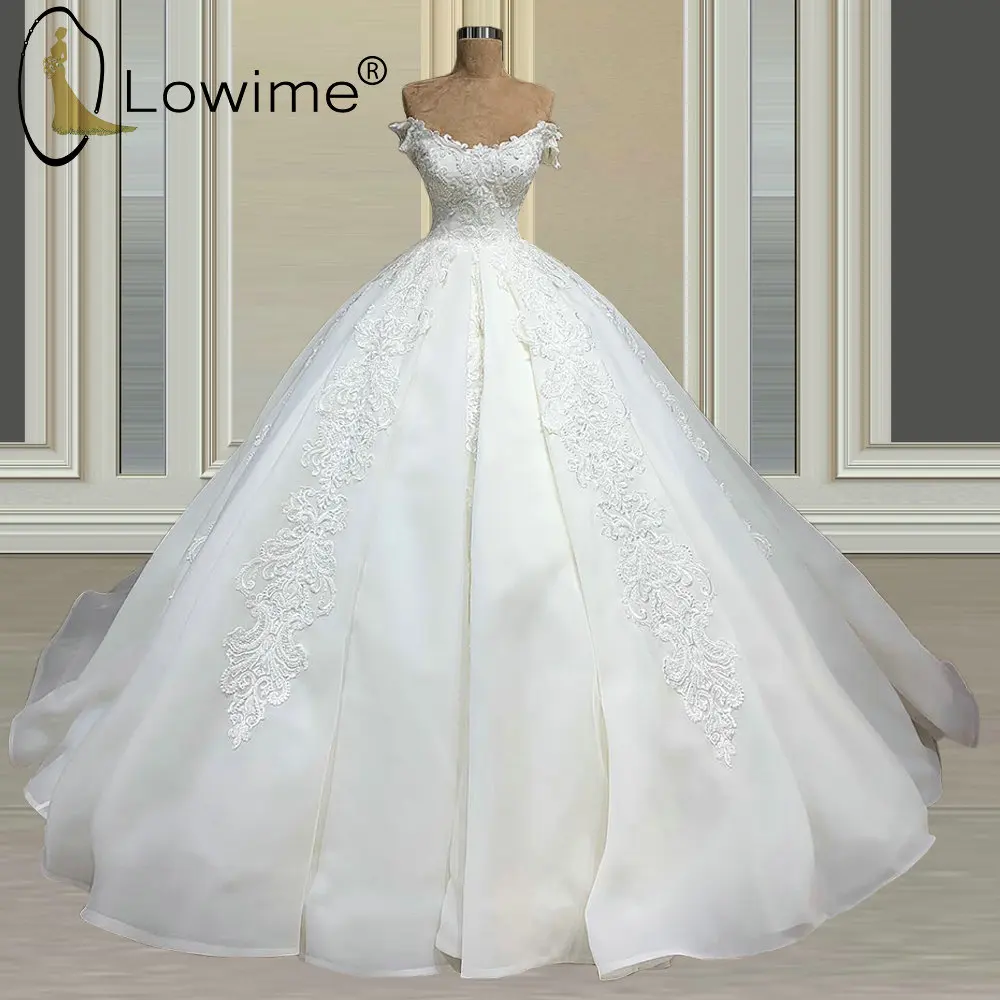 

Ivory Puffy Ball Gown Wedding Dresses Off Shoulder Strapless Lace Organza Beading Bridal Gowns