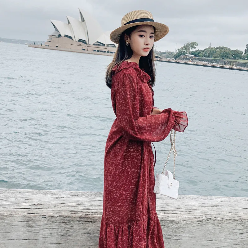 

Photo Shoot CHIC Vacation Style Vintage Red Color Polka Dot Mid-length Flounced Collar Waist Hugging Lace-up Chiffon Dress Women