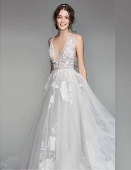 

Sexy V-Neck Wedding Dresses 2020 Hot Long A-line Bridal Gown Gray Appliques свадебное платье Illusion V-Back vestido de noiva