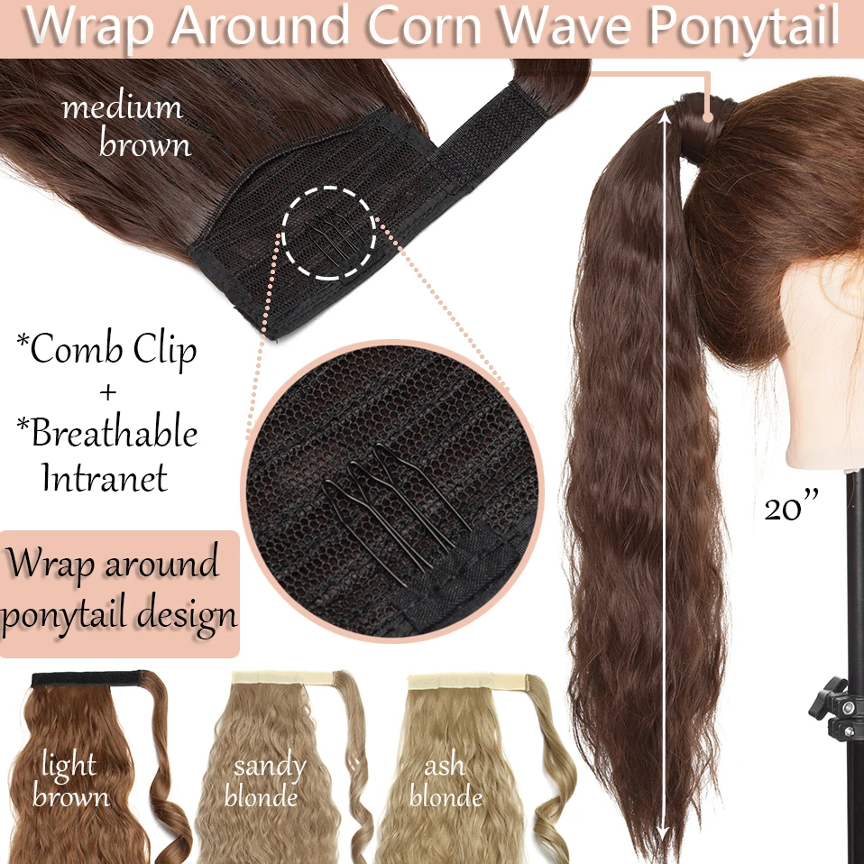 SNOILITE волнистые клип в хвост наращивание волос длинные Кукуруза волосы волна Обёрточная бумага вокруг конский хвост шиньон для Для женщин