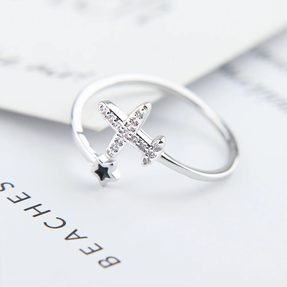 Блестящее регулируемое Открытое кольцо с самолетом и звездой, Кристальное кольцо для женщин и девушек, ювелирные изделия на палец в стиле бохо, свадебное обручальное минималистичное очаровательное кольцо, подарок