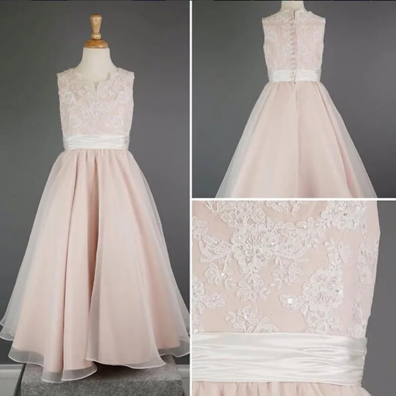 Розовые платья трапециевидной формы с цветочным узором для девочек, кружевные вечерние платья без рукавов с аппликацией из бисера с лентой
