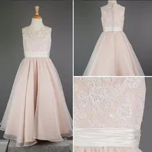 Розовые платья трапециевидной формы с цветочным узором для девочек, кружевные вечерние платья без рукавов с аппликацией из бисера с лентой