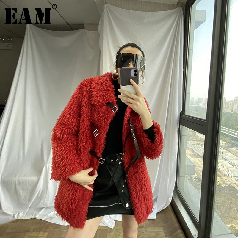 [EAM] Loose Fit Lambswool Split Big Size Thick Woolen Coat Parkas New Long Sleeve Women Fashion Tide Autumn Winter 1M420