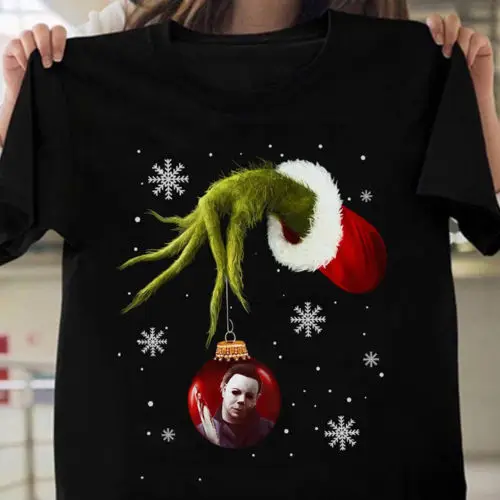 Grinch Hand Holding Майкл Майерс Рождественская футболка Черная Хлопковая мужская крутая