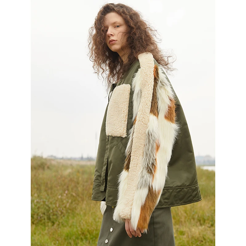 

New Women Autumn Winter Oversized Short Bomber Jacket Fall Casual Loose Faux Fur Sleeve Patchwork Plus Cotton Thick Warm Coat