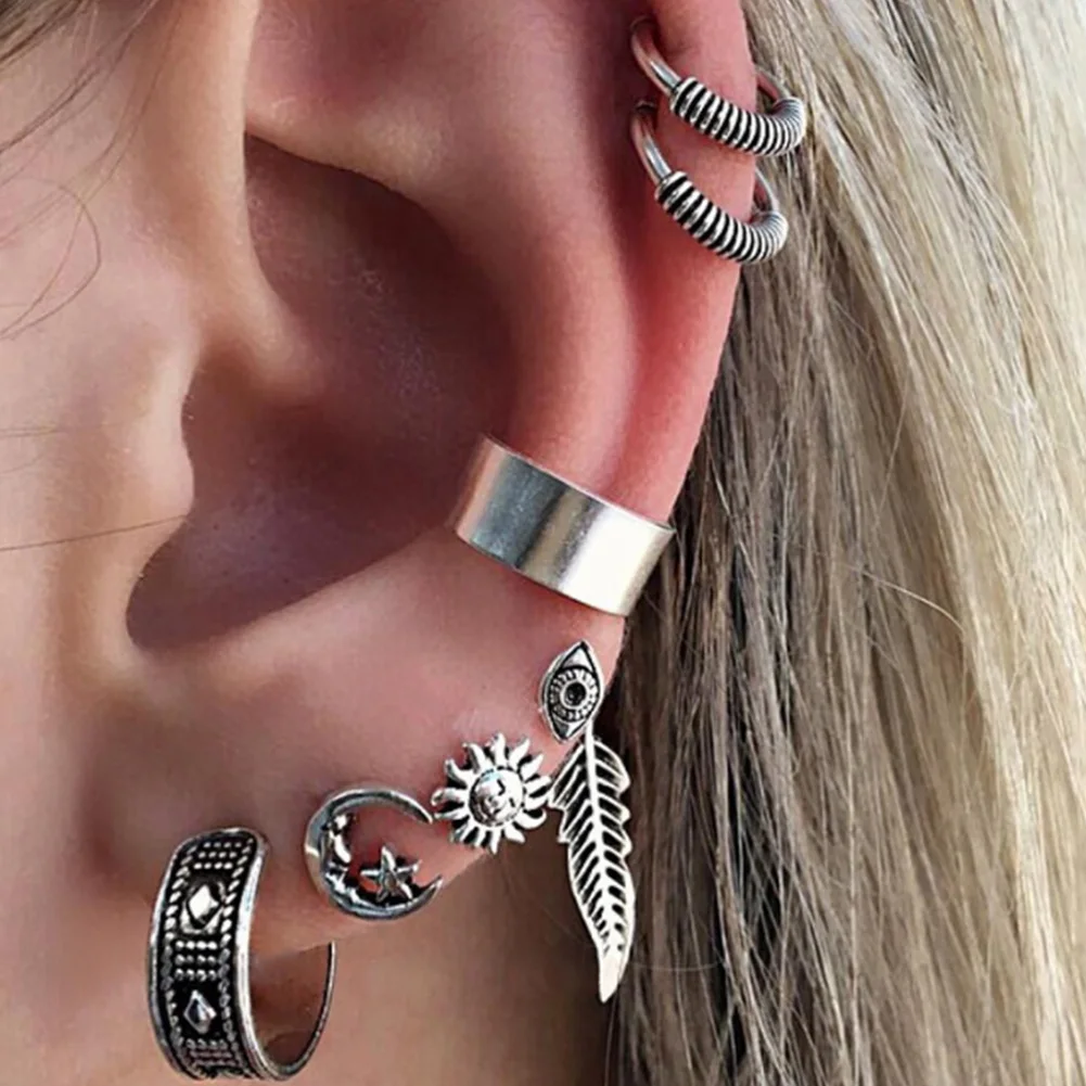 

7 Pcs Creative Punk Style Silver Color Earring Sets Ethnic Bohemia Ear Clip Stud Earrings For Women Feather Leaf Owl Earrings