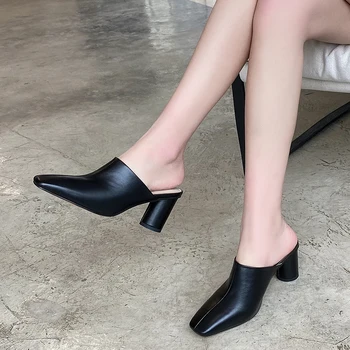 

Karinluna New Genuine Leather Skin Lady Round High Heels Shoes Women Summer Slip On Mules Pumps Woman