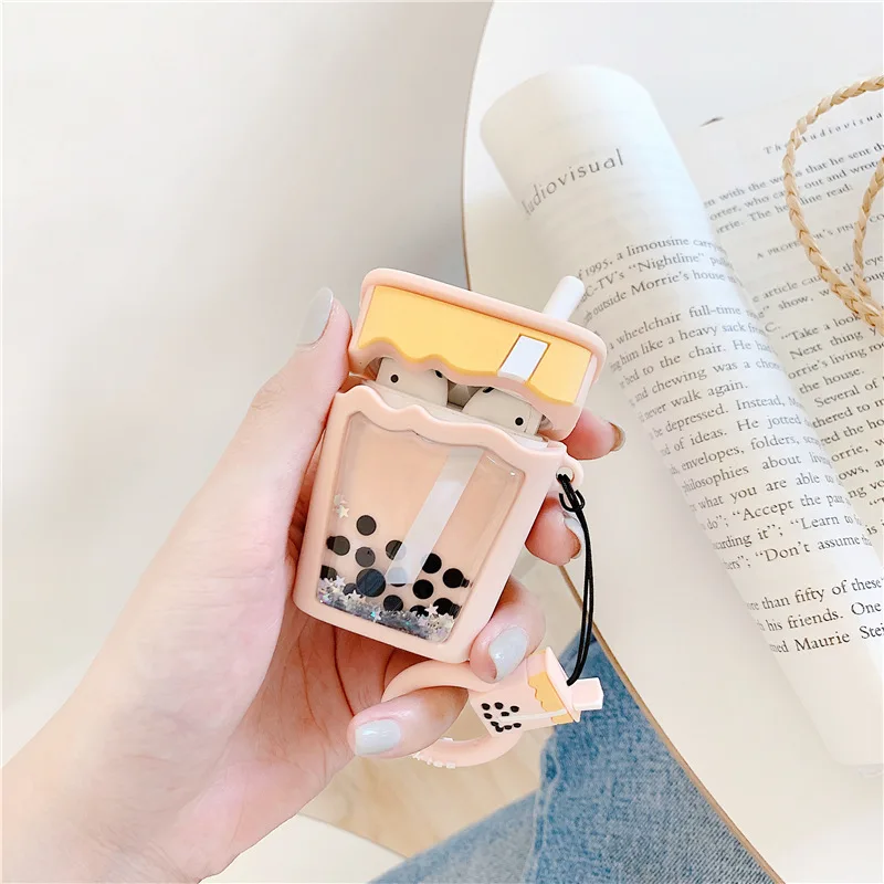Quicksand milk tea Милый чехол для гарнитуры Boba для AirPods 2, силиконовый чехол, молочный чай, наушники, защитный чехол для Airpods с кольцом на палец - Цвет: Quicksand milk tea