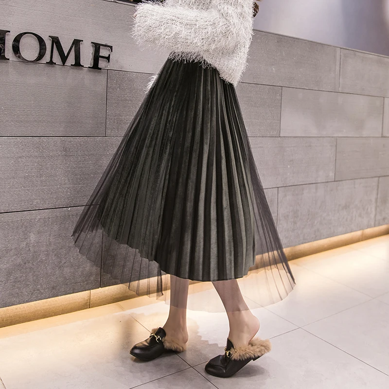 Korean Vintage Winter Tulle Skirts Elastic Waist Patchwork Pleuche Gauze Long Pleated Tulle Skirts Women Midi Tulle Skirt