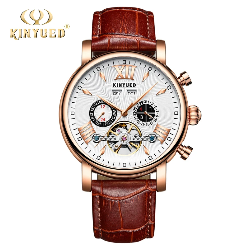 

KINYUED Top Brand Watch Men Automatic Mechanical Tourbillon Mens Watch Luxury Leather Clock Perpetual Calendar Relogio Masculino