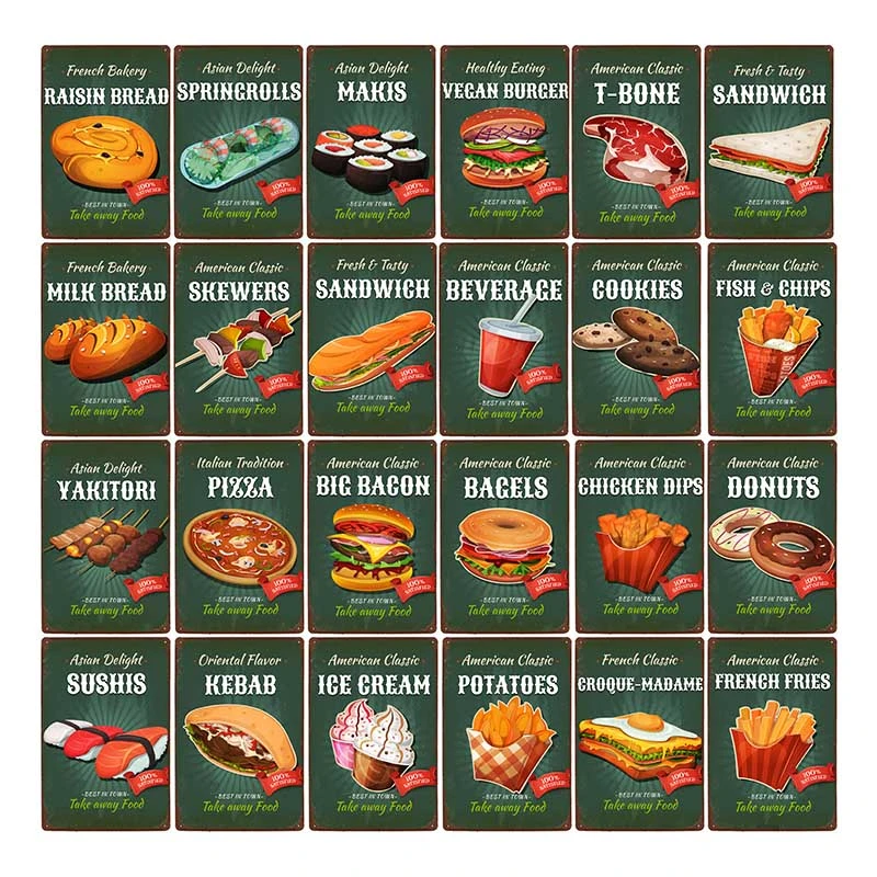 Cartel de comida rápida, cartel de  hamburguesa/Pizza/sándwich/Sushis/patatas fritas, carteles de Metal Retro,  placa de pared para Pub, Bar, cocina, restaurante, decoración del  hogar|Pintura y caligrafía| - AliExpress