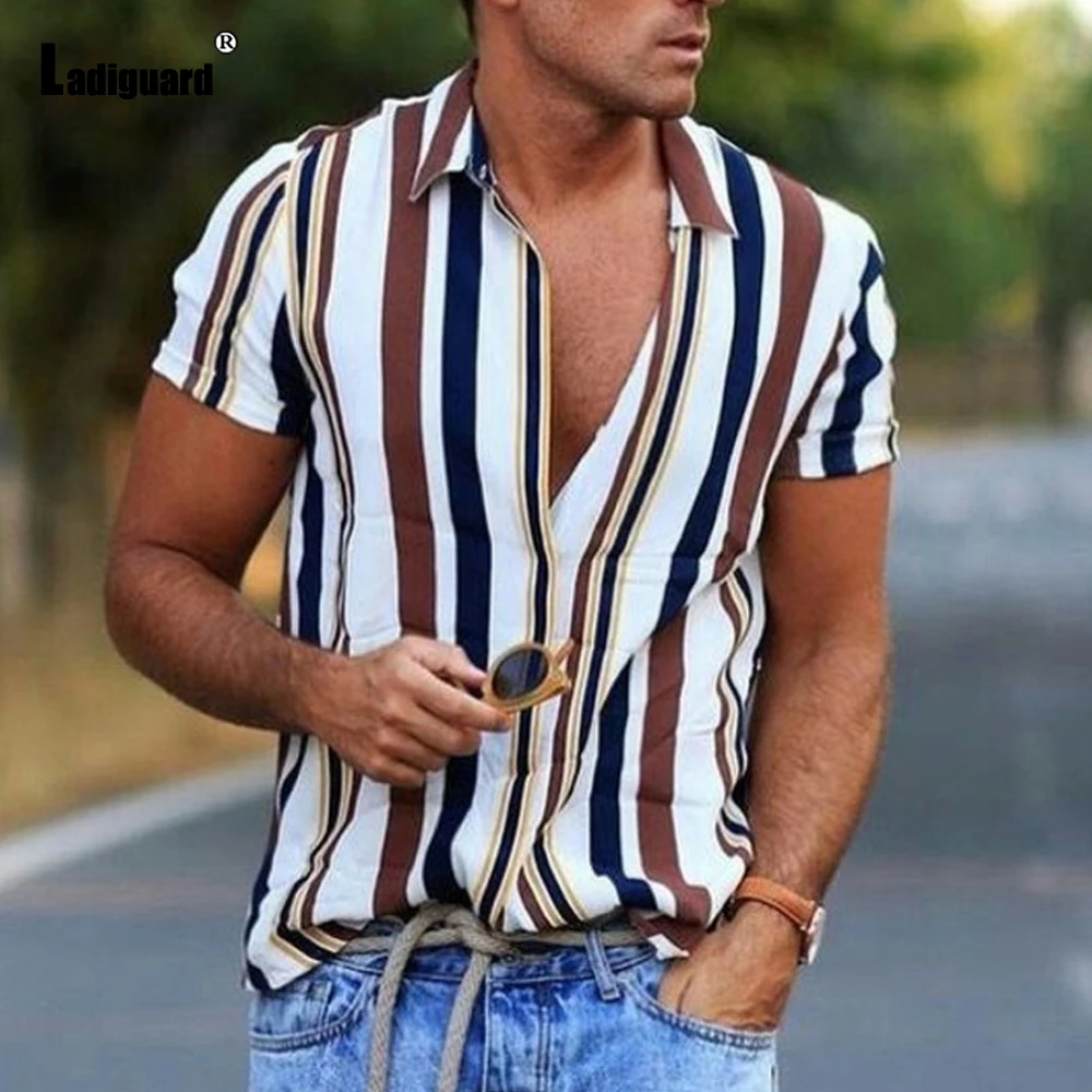 Plus Size 3xl Men Elegant Shirt Blouses Summer Model Stripes Tops Short Sleeve Casual Male Shirt blusas Sexy Mens Clothing