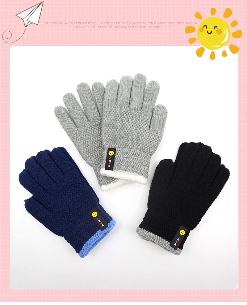 Wecute Child Gloves for 6-10years Boys Autumn and Winter Warm Gloves Simple Smiley Knitted Woolen Gloves Outdoor Cycling Soft Baby Accessories discount