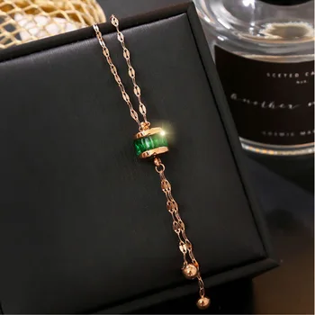 

Titanium Steel Does Not Fade Light Luxury-High Grade Sense Emerald Tassels Pendant Necklace Network Red Tide Elegant Lucky Choke
